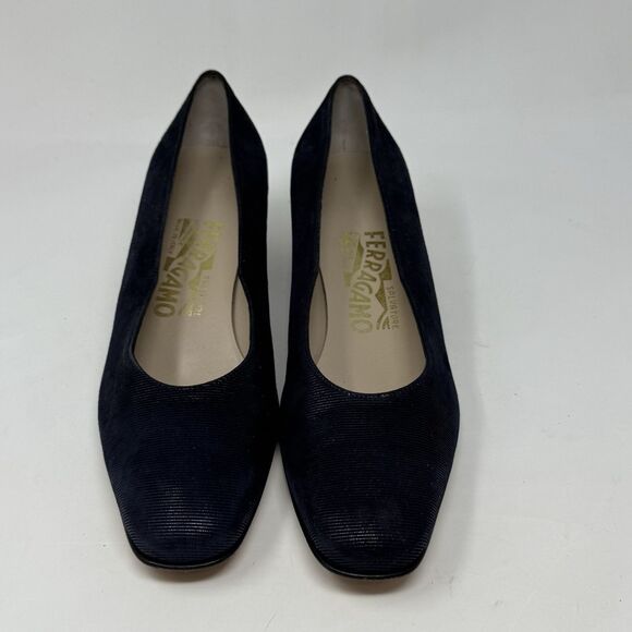 Salvatore Ferragamo Shoes Womens 6.5 B Blue Textured Suede Pumps Heels Italy - Picture 4 of 16
